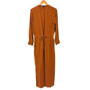 Eileen Fisher Brown Silk Jumpsuit Long Sleeve Button Down Elastic Waist Size S